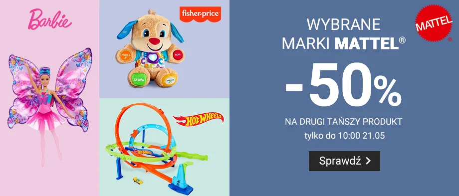-50% na drugi tańszy produkt Barbie, Fisher-Price, Hot Wheels
