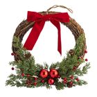 Altom Design, wianek zimowy wiklinowy z gałazkami i czerwona kokardą, 30-30-8 cm