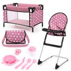 Bayer Design, zestaw podróżny dla lalek: łóżeczko turystyczne, krzesełko do karmienia, torba, akcesoria, 9w1, różowy