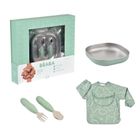 Beaba, First Meals 3w1, zestaw prezentowy: talerzyk + zestaw sztućców + śliniak, sage green