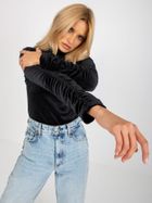 Bluzka damska z długim rękawem, welurowa, czarna, Rue Paris