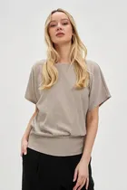 Bluzka damska z krótkim rękawem, beżowa, Moodo