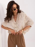 Bluzka damska z krótkim rękawem, sweterkowa, beżowa, Italy Moda