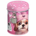 Cleo i Frank, skarbonka metalowa, zamykana, okrągła, Pies