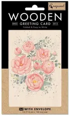 Cozywood, karnet drewniany C6 + koperta, Różowe piwonie
