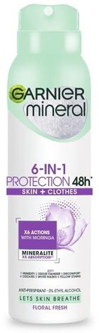 Garnier, Mineral, dezodorant, spray 6in1 Protection 48h floral Fresh, skin+clothes, 150 ml