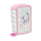 Girabrilla, piórnik rozkładany, potrójny, z wyposażeniem, jednorożec puffy, różowy