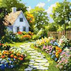 Ideyka, malowanie po numerach, Kwiaty w pobliżu chaty