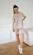 Komplet damski, T-shirt, Legginsy kolarki, beżowy, Pretilo Mini