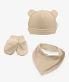 Komplet niemowlęcy, Czapka, Apaszka, Rękawiczki niedrapki, beżowy, Iltom