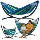 Lean Toys, hamak ogrodowy ze stelażem, dwuosobowy, zielono-niebieski, 200-120 cm