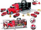 Merkpol, tir transportowiec z pojazdami, straż pożarna