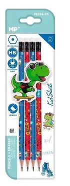 MP Main Paper, ołówek sześciokątny HB z gumką, Dino, 4 szt.