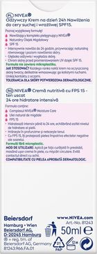 Nivea, 24H Nawilżenia, odżywczy krem na dzień cera sucha i wrażliwa SPF15, 50 ml