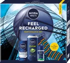 Nivea, Feel Recharged, zestaw prezentowy męski: antyperspirant roll-on, 50 ml + krem do twarzy, 75 ml + żel pod prysznic, 250 ml + skarpetki