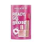Nuxe, Ready Go Glow, zestaw: suchy olejek regenerujący, 10 ml + nawilżające serum powiększające usta, 8 ml + gumka do włosów