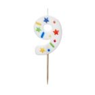 PartyDeco, świeczka urodzinowa, cyfra 9, biała konfetti, 5.5 cm