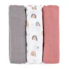 Petite&Mars, zestaw: Moussy, pieluszka z muślinu bambusowego, Rose Rainbows, 68-68 cm, 3 szt. + Take&Match, silikonowy gryzak, 6m+