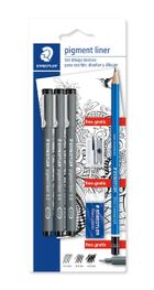 Staedtler, pisak z atramentem pigmentowym, zestaw z ołówkiem 2B, gumką i temperówką, 3 szt.