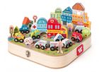 Woodyland, drewniana kolejka z miastem, walizka, 55 elementów