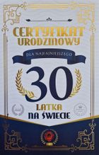 YEKU, karnet Certyfikat Urodzinowy 30 urodziny męskie