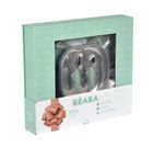 Beaba, First Meals 3w1, zestaw prezentowy: talerzyk + zestaw sztućców + śliniak, sage green