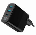 Gembird, szybka ładowarka sieciowa, 3-portowa, USB-A + USB TYP-C, 30W, LCD, czarna