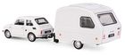 Daffi, Niewiadów, Fiat 126p z przyczepą kempingową, pojazd, model metalowy, 1:43, biały