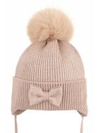 Komplet dziewczęcy, Czapka z pomponem, Komin, beżowy, Ambra