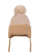 Komplet dziewczęcy, Czapka z pomponem, wiązana, Komin, beżowy, Ambra