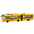 Lean Toys, autobus szkolny przegubowy z otwieranymi drzwiami, pojazd interaktywny, żółty, 1:16