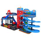 Lean Toys, parking 4 poziomowy ze zjeżdżalnią i pojazdami, resoraki, 8 szt.