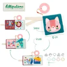 Lilliputiens, Kotka Jeanne, mini-książeczka wielofunkcyjna z szeleszczącą folią i gryzakiem, 6m+