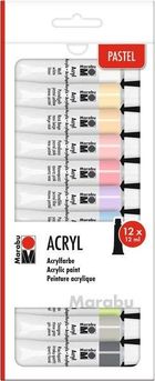 Marabu, farby akrylowe, pastelowe, 12 ml, 12 kolorów