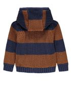 Sweter chłopięcy z kapturem, rozpinany, granatowo-brązowy, pasy, Kanz