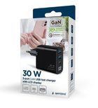 Gembird, szybka ładowarka sieciowa, 3-portowa, USB-A + USB TYP-C, 30W, LCD, czarna