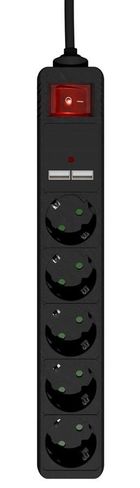 Gembird, listwa zasilająca, przeciwprzepięciowa, 5XSCHUKO + 2xUSB, 1,5m, czarna