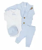 Komplet chłopięcy, Body z długim rękawem, Spodnie, Bluza rozpinana, Czapka, niebiesko-białe, Nicol