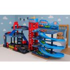 Lean Toys, parking 4 poziomowy ze zjeżdżalnią i pojazdami, resoraki, 8 szt.