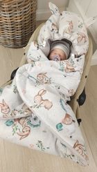 MimiNu, Karuzela, otulacz do nosidełka, kocyk z kapturkiem, ocieplany, beż, 90-90 cm