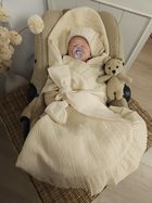 MimiNu, otulacz do wózka, fotelika samochodowego, 90-90 cm, falbanka, muślin, ciepły beż, TOG 0.5-1.0