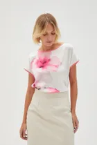 Bluzka damska z krótkim rękawem, biało-różowa, Moodo