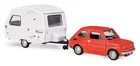 Daffi, Niewiadów, Fiat 126p z przyczepą kempingową, pojazd, model metalowy, czerwony, 1:43