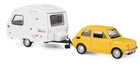 Daffi, Niewiadów, Fiat 126p z przyczepą kempingową, pojazd, model metalowy, żółty, 1:43