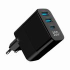 Gembird, szybka ładowarka sieciowa, 3-portowa, USB-A + USB TYP-C, 30W, LCD, czarna