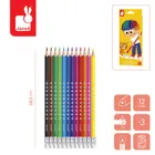 Janod, kredki ołówkowe zmazywalne, z gumką, 12 kolorów