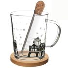 Orion, kubek szklany z zaparzaczem i podstawką bambusową, domki, 3 elementy, 400 ml