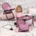 Bayer Design, zestaw podróżny dla lalek: łóżeczko turystyczne, krzesełko do karmienia, torba, akcesoria, 9w1, różowy