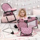 Bayer Design, zestaw podróżny dla lalek: łóżeczko turystyczne, krzesełko do karmienia, torba, akcesoria, 9w1, różowy