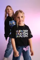 Cool Club, Luźny t-shirt dziewczęcy, czarny, K-Pop Demon Hunters
